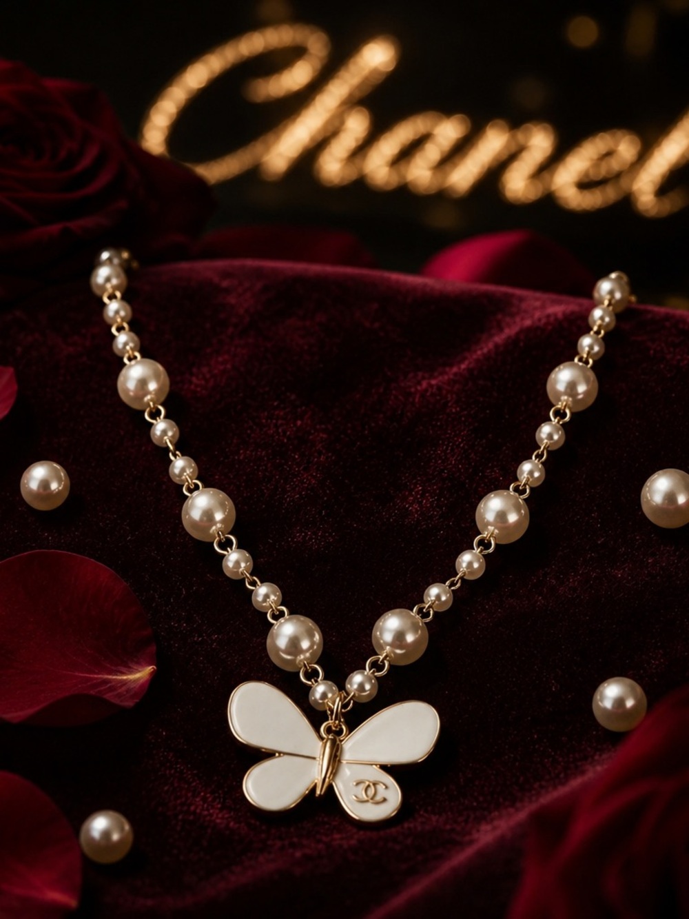 Fashion Jewelry Gold-Tone Pearl Chain Necklace with Cream Butterfly Pendant